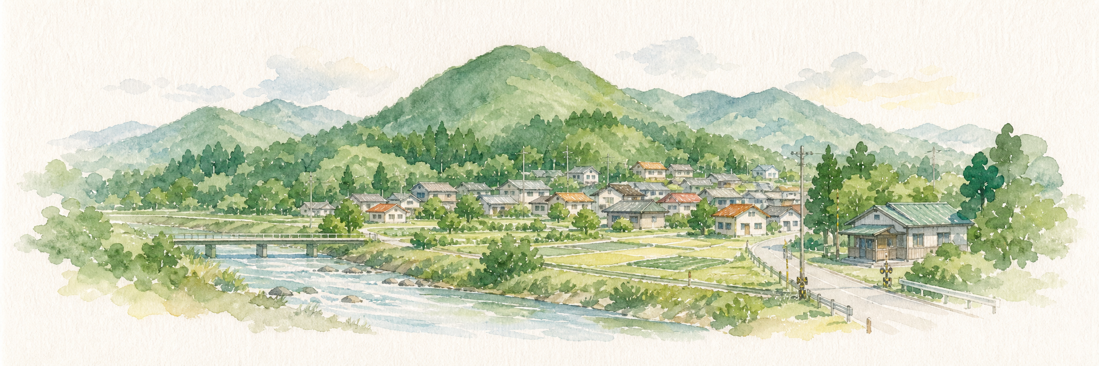 山と川のある地域の風景イラスト